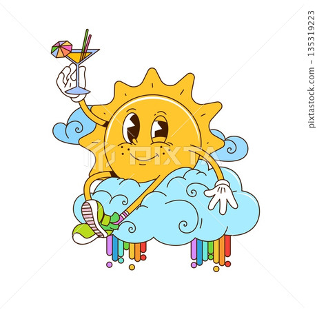 Cartoon retro groovy vector sun character chilling on cloud with cocktail drink, rainbow drips, funky cosmic vibe and cheerful vintage energy. Retro hippie y2k personage full of warmth, joy and relax Cartoon retro groovy vector sun character chilling on cloud with cocktail drink, rainbow drips, funky cosmic vibe and cheerful vintage energy. Retro hippie y2k personage full of warmth, joy and relax 135319223