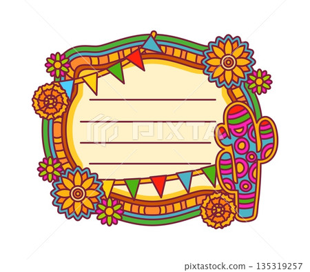 Mexican plants and flowers kids memo note template. Child scrapbook vector Hispanic culture label, schedule Mexican sticker. Diary Mexico kids memo note with marigold flowers, cactus and garland Mexican plants and flowers kids memo note template. Child scrapbook vector Hispanic culture label, schedule Mexican sticker. Diary Mexico kids memo note with marigold flowers, cactus and garland 135319257