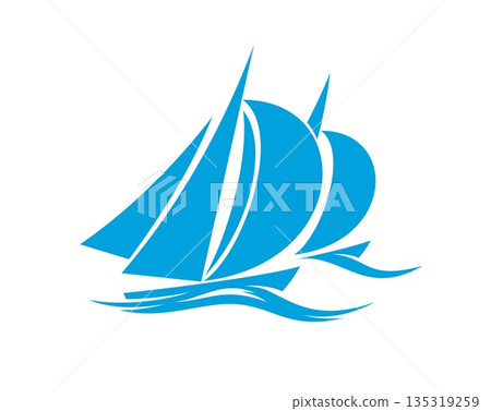 Yachting regatta icon. Sporty regatta symbol with bold sails and wave lines. Marine travel vector icon, nautical yachting sport sign, sea sailing regatta emblem or symbol with abstract blue yachts 135319259