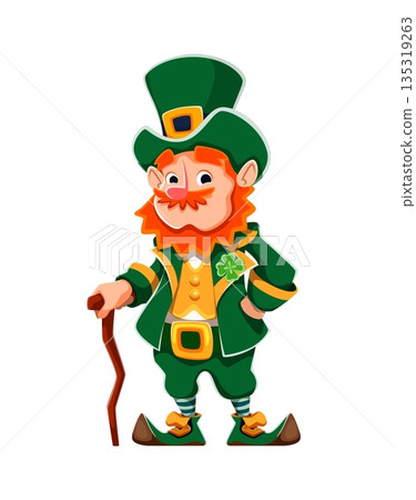 St Patrick's cute leprechaun cartoon character. Ireland folklore cute isolated personage, Irish holiday funny vector character. Saint Patrick day old redhead leprechaun with top hat and wooden staff St Patrick's cute leprechaun cartoon character. Ireland folklore cute isolated personage, Irish holiday funny vector character. Saint Patrick day old redhead leprechaun with top hat and wooden staff 135319263