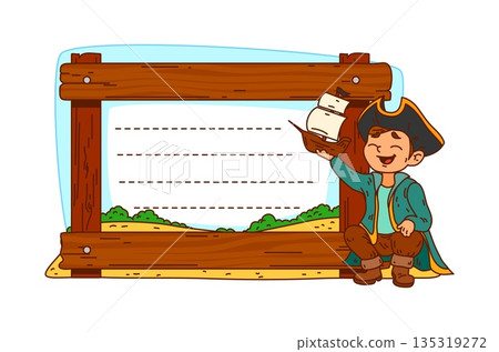 Pirate and corsair sailing kids memo note frame. Kids diary cartoon vector frame, scrapbook corsair piracy label. Child planner sticker with playing pirate boy character, wooden planks and beach shore Pirate and corsair sailing kids memo note frame. Kids diary cartoon vector frame, scrapbook corsair piracy label. Child planner sticker with playing pirate boy character, wooden planks and beach shore 135319272