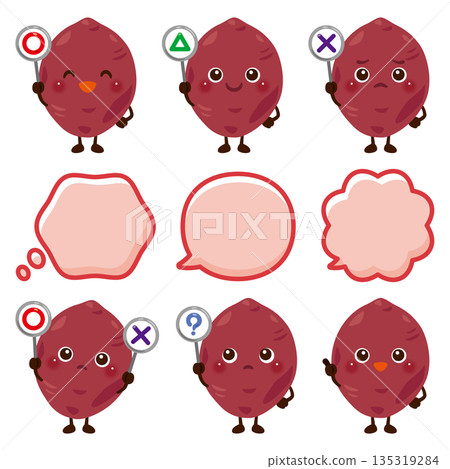 A sweet potato character holding a circle, circle, triangle, or triangle card A sweet potato character holding a circle, circle, triangle, or triangle card 135319284