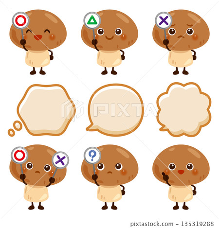 蘑菇角色手持圓形、圓形、三角形或三角形卡片 135319288