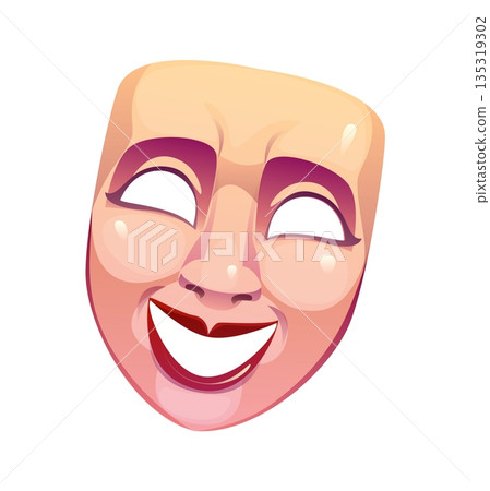 Cartoon theatrical comedy mask with a wide, exaggerated smile, arched eyebrows, and stylized facial features. Vector happy face, cinema and movie object, conveys joy, laughter, and dramatic expression 135319302