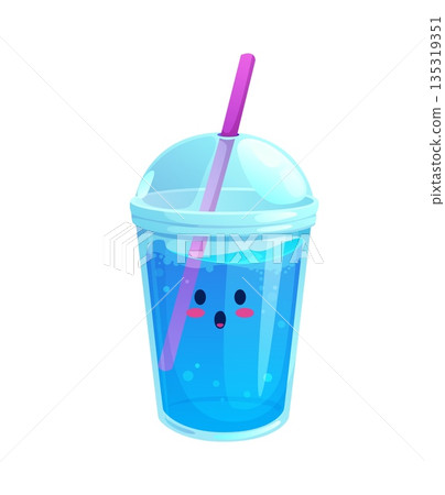 Cartoon cute blue water or soda character in a transparent plastic cup with a dome with floating bubbles, kawaii surprised face and pink straw. Blue fizzy water beverage personage with astonished face 135319351