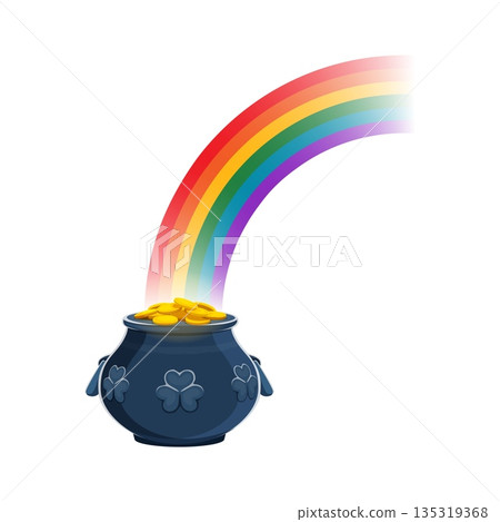 Cartoon pot of gold with rainbow arc and shamrock symbols. Vector happy St Patrick day treasure with golden coins and black cauldron. Irish folklore pot representing luck and magical holiday riches 135319368