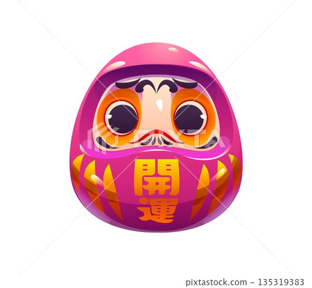 Japanese cartoon pink daruma doll traditional symbol of perseverance and good luck. Isolated vector rounded toy with large expressive eyes, bushy eyebrows, mustache and hieroglyphs of luck and fortune 135319383
