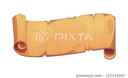 Ancient manuscript, cartoon vintage papyrus paper. Paper scroll with rolled corners, medieval parchment isolated cartoon vector manuscript with worn edges. Ancient map or old papyrus document 135319393