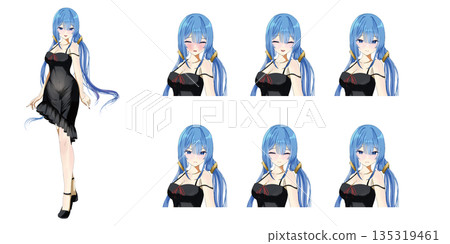 可愛的藍髮雙馬尾女孩——面部表情差異，TRPG角色插畫 135319461