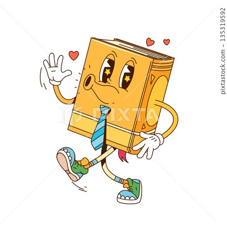 Cartoon retro groovy yellow book character with neck tie and vintage sneakers happily walking and whistle a melody with hearts around. Vector school teacher textbook y2k personage with funny eyes 135319592