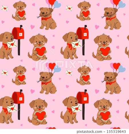 Adorable Valentines Day Puppy Pattern with Hearts and Balloons 135319643