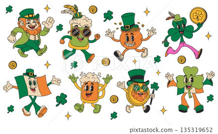 Cute St. Patricks Day Icons Leprechauns, Shamrocks, and Gold Coins 135319652
