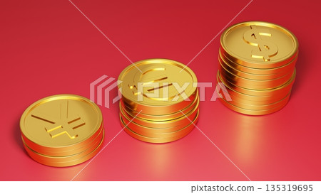 Red background and stepped yen, euro, and dollar gold coins Image of aggressive investment, financial luck, and profit Red background and stepped yen, euro, and dollar gold coins Image of aggressive investment, financial luck, and profit 135319695