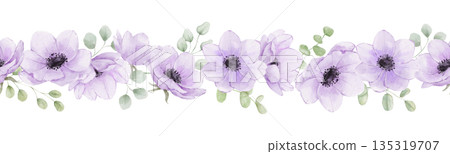 Seamless watercolor border with anemone flowers. Endless floral purple pattern isolated on white background for wedding design Seamless watercolor border with anemone flowers. Endless floral purple pattern isolated on white background for wedding design 135319707