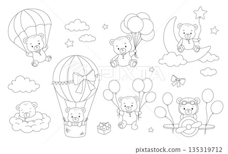 Cute bear in hot air balloon, with balloons, moon, airplane, line hand drawn illustrations set isolated on white background 135319712