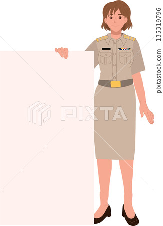 female government officer holding blank signboard illustration with copy space female government officer holding blank signboard illustration with copy space 135319796