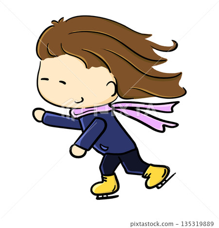 Cute girl ice skating and smiling simple cartoon illustration 135319889