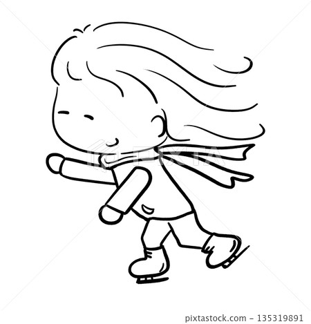 Cute girl ice skating and smiling simple cartoon outline illustration 135319891