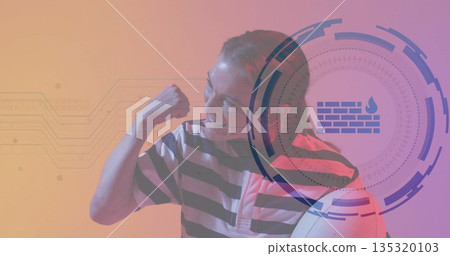 Woman holding exercise ball and flexing bicep in orange-purple studio, showing circuit and firewall 135320103
