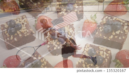 Tennis player serving ball on court, with racquet and chocolate brownies topped nuts and berries Tennis player serving ball on court, with racquet and chocolate brownies topped nuts and berries 135320167