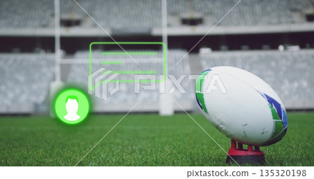 Resting rugby ball on red tee at stadium pitch, with avatar icon chat bubble, copy space 135320198