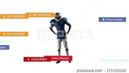American football player posing in uniform on canvas with Get Notified banners and UI notifications American football player posing in uniform on canvas with Get Notified banners and UI notifications 135320208
