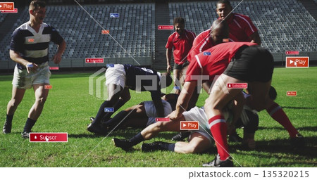 Colliding rugby players competing on stadium pitch, with rugby ball uniforms cleats overlay icons 135320215
