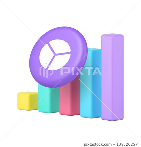 3d Realistic Icon Colorful Pie Chart And Bar Graph For Data Analysis And Statistics Visualization 135320257