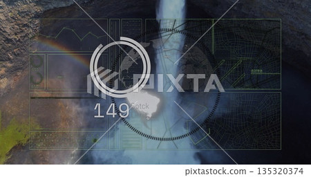 Cascading waterfall flowing down rocky canyon into misty pool, with moss, rainbow and HUD overlays Cascading waterfall flowing down rocky canyon into misty pool, with moss, rainbow and HUD overlays 135320374