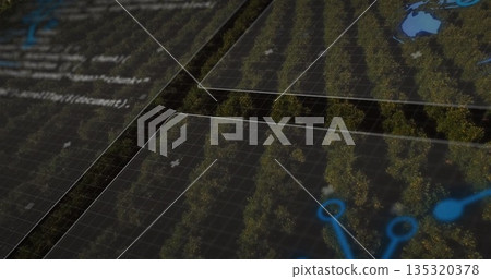 Overlaying data panels monitoring orchard rows at crop field, with grid map outline code node icons Overlaying data panels monitoring orchard rows at crop field, with grid map outline code node icons 135320378