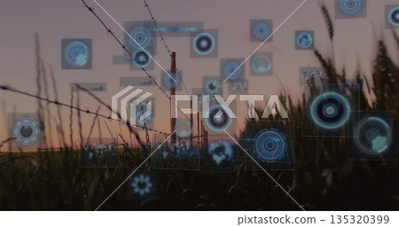 Floating blue HUD panels above wooden fence post in dusk meadow, with barbed wire and grasses 135320399