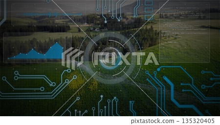 Floating digital reticle in rural hills, with HUD: circuit lines, waveform, area chart, code panel Floating digital reticle in rural hills, with HUD: circuit lines, waveform, area chart, code panel 135320405