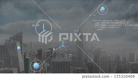 Projecting circular data readouts over dense metro skyline under cloudy sky, with central tower Projecting circular data readouts over dense metro skyline under cloudy sky, with central tower 135320409