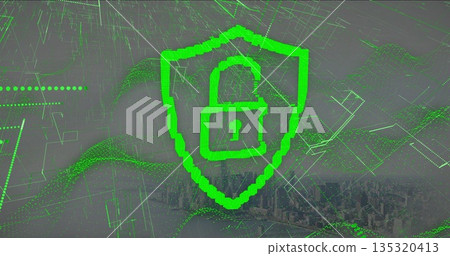 Showing green shield at center of screen, with unlocked padlock icon, wireframe grid and skyline Showing green shield at center of screen, with unlocked padlock icon, wireframe grid and skyline 135320413
