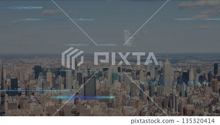 Displaying urban skyline from aerial view with skyscrapers and spires and digital overlay elements Displaying urban skyline from aerial view with skyscrapers and spires and digital overlay elements 135320414
