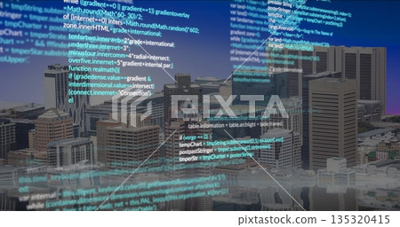 Streaming translucent code lines flowing over city skyline from rooftop, with glass tower tops Streaming translucent code lines flowing over city skyline from rooftop, with glass tower tops 135320415