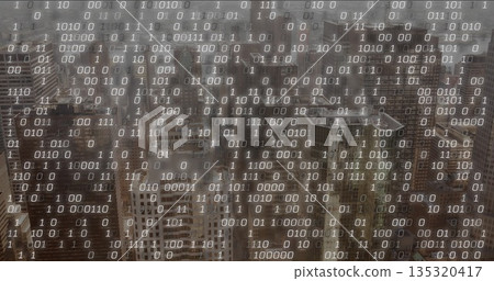 Revealing hazy city skyline through high-level window, with binary digit overlay on glass pane Revealing hazy city skyline through high-level window, with binary digit overlay on glass pane 135320417