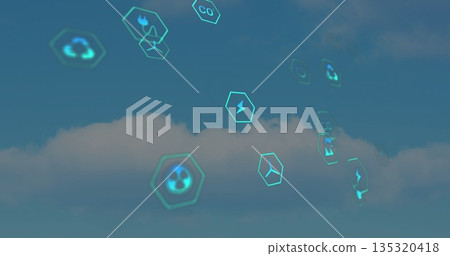 Floating turquoise hexagonal icons hovering over open blue sky, with environmental energy symbols 135320418