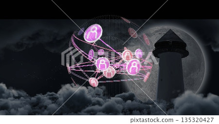 Floating pink icon globe with links above coastal clouds at night under full moon, with lighthouse Floating pink icon globe with links above coastal clouds at night under full moon, with lighthouse 135320427