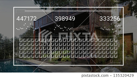 Framing two-level wooden pergola creating shaded patio in backyard, with swimming pool and deck 135320429