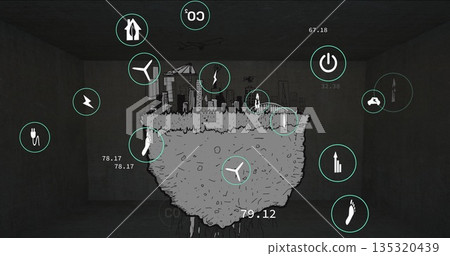 Presenting floating earth chunk showcasing roots and skyline in concrete gallery, with energy icons 135320439