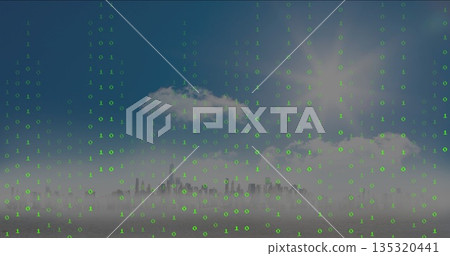Displaying fog-shrouded city skyline silhouette at waterfront, with green binary digits overlay Displaying fog-shrouded city skyline silhouette at waterfront, with green binary digits overlay 135320441