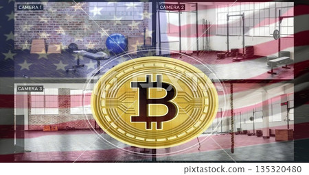 Displaying gold bitcoin emblem above warehouse gym surveillance view, with weight bench Displaying gold bitcoin emblem above warehouse gym surveillance view, with weight bench 135320480