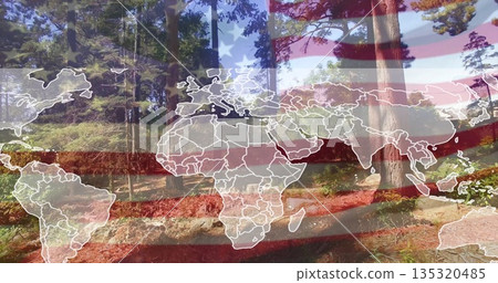 Displaying white outline world map overlay across pine forest scene with American flag stripes 135320485