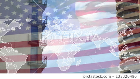 Hovering white outline world map overlay over city street, with towers and flag stripes 135320486