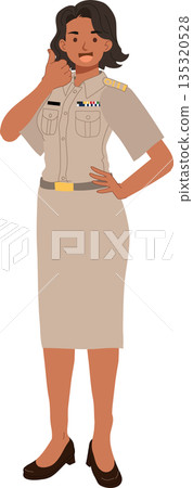 Government Officer Thai Woman Standing in Uniform Smiling Approval Gesture Illustration 135320528