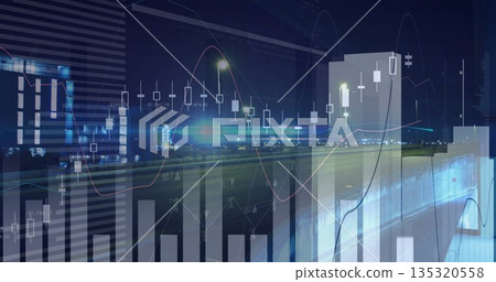 Overlaying financial charts floating across airport runway at night, with runway lights Overlaying financial charts floating across airport runway at night, with runway lights 135320558