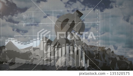 Showing oversized metal currency symbols on rocky terrain, with 3D grid, market charts with labels 135320575