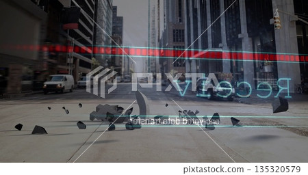 Hovering fragmented shapes and reversed text Received above street with vehicles, glitch scanlines 135320579