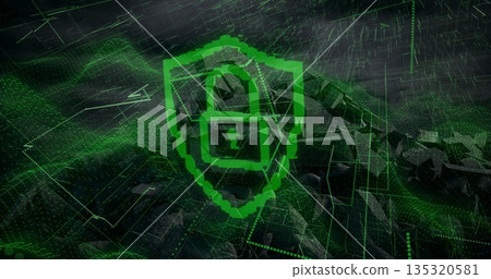 Glowing green pixelated shield showing padlock icon hovering in cyber grid with neon data streams Glowing green pixelated shield showing padlock icon hovering in cyber grid with neon data streams 135320581